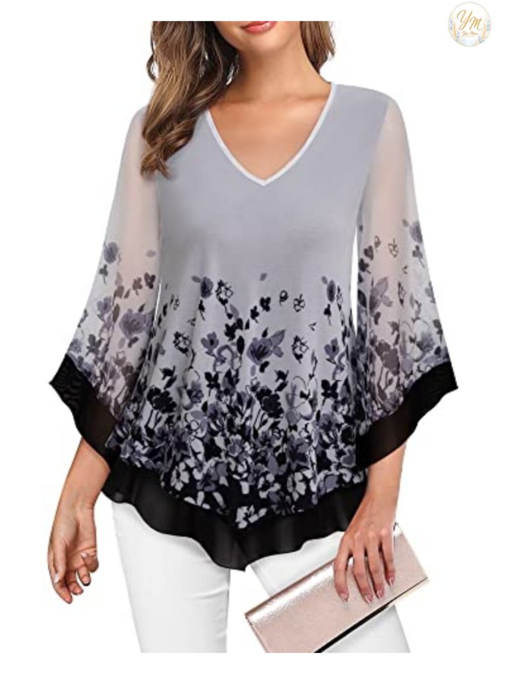Womens Double Layers Mesh Blouse Ruffle 3/4 Flared Sleeve Tunic Top
